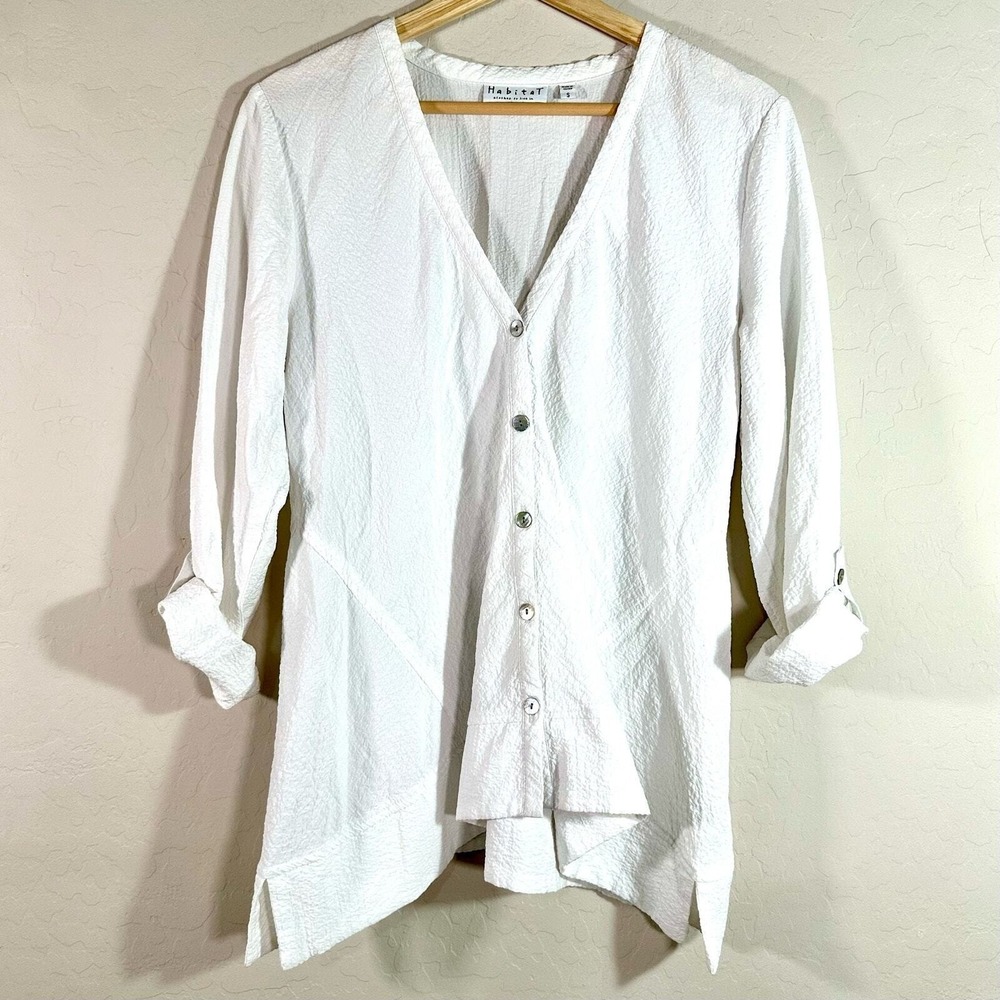 Habitat White Crinkle Button Down Cardigan V-Neck Roll Tab Sleeve Tunic Womens S